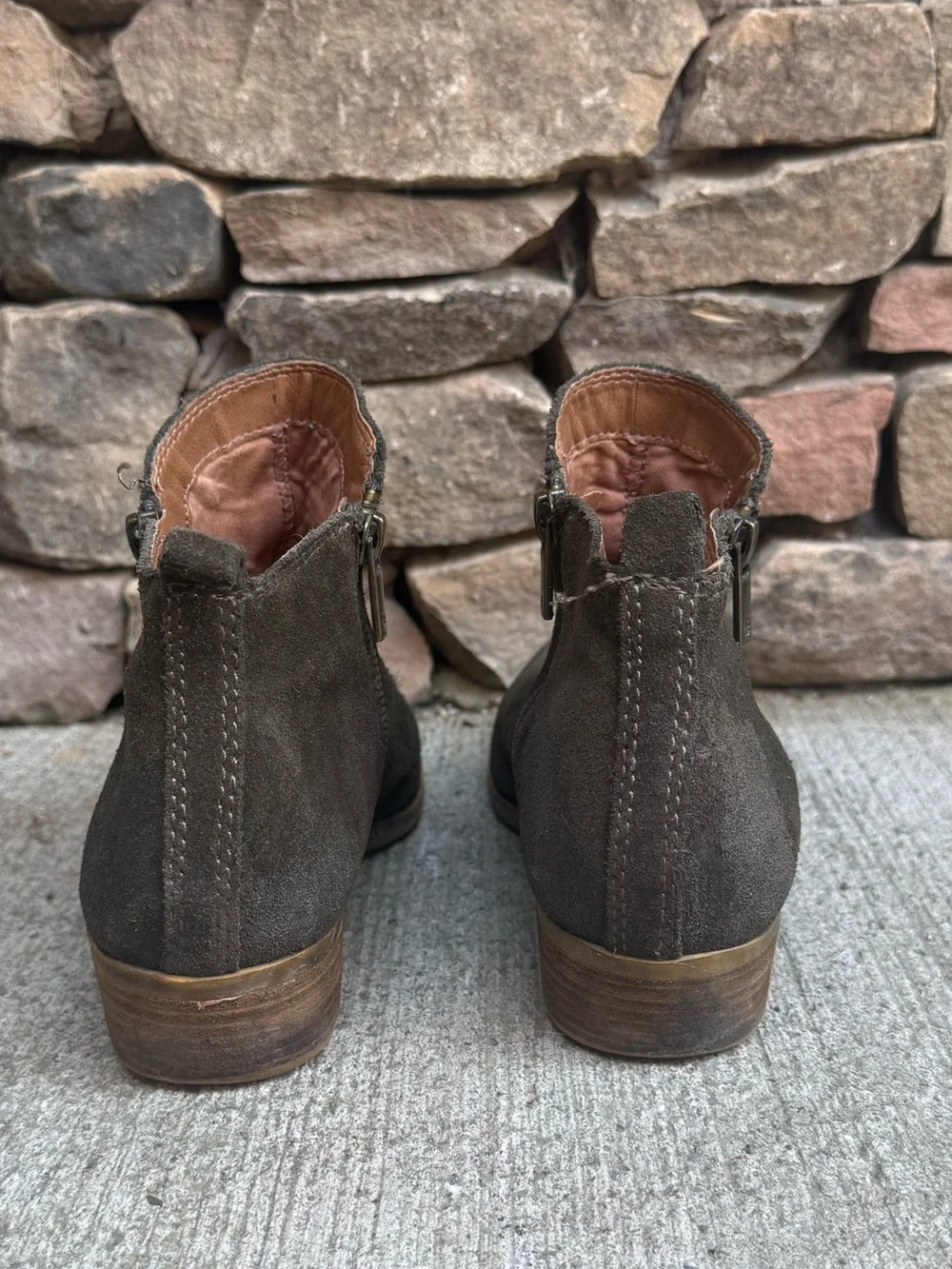 Lucky Brand Dark Olive Suede Ankle Booties with Side Zip